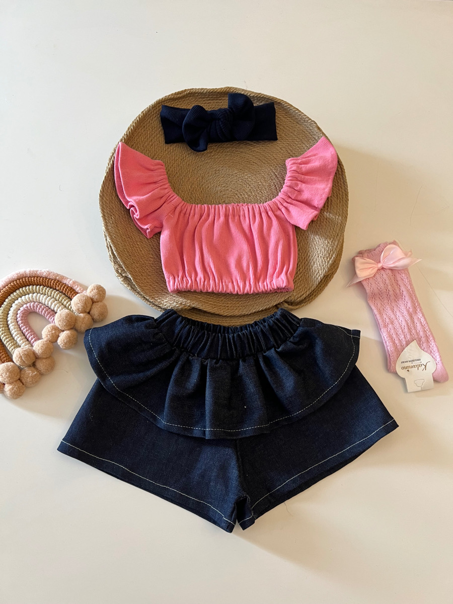 شلوارک جین و کراپ صورتی