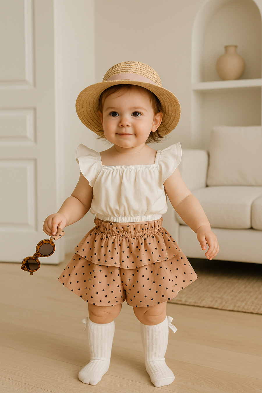 ست کراپ سفید شلوارک خال خال